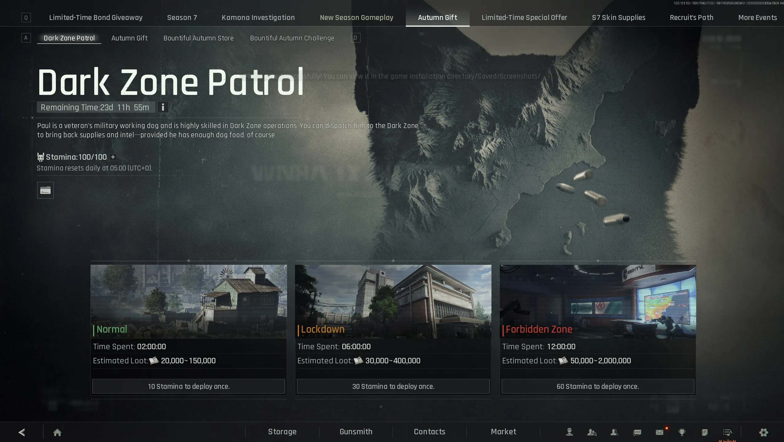 Dark Zone Patrol mit Normal, Lockdown und Forbidden Zone sowie Zeit, Stamina und geschätztem Loot