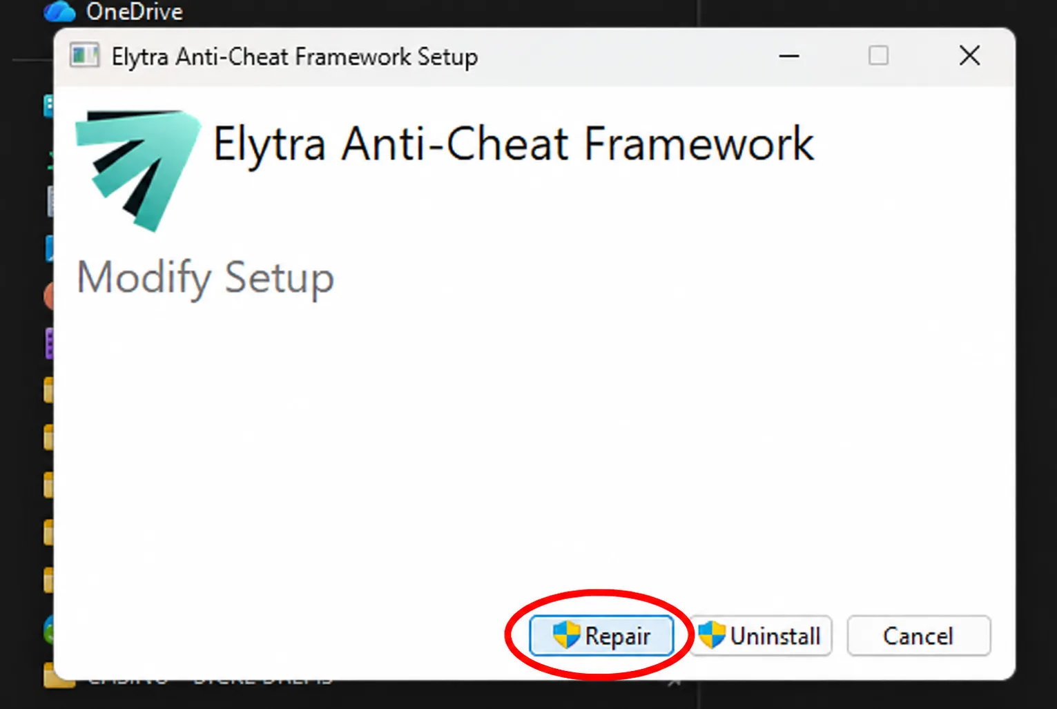 Elytra Anti-Cheat Framework Setup mit rot markiertem Repair Button
